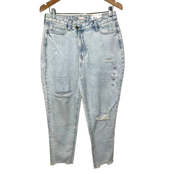 So Jeans Juniors 5 Loose Baggy Mom High Rise Cross-Over Waist Light Bleach Rips - Picture 4 of 9